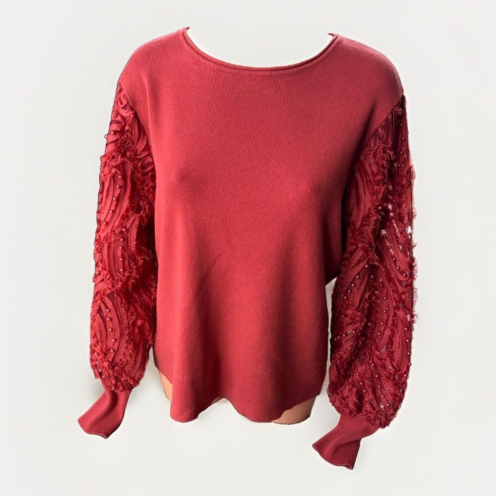 LIV Milano Brick Red Sweater Women XL Beaded Lace Puff Sleeve Knit Top Boho